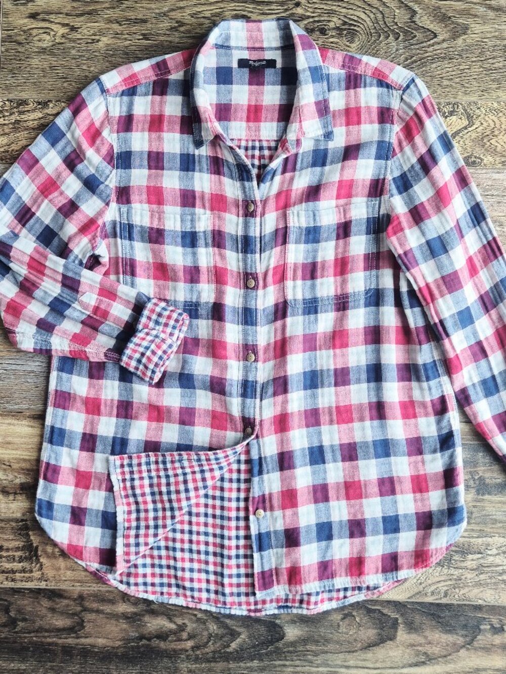 Madewell Ex-Boyfriend Emmett Double Gauze Flannel Shirt Plaid Red Blue